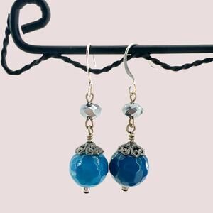 Blue Faceted Agate Drop Earrings with Silver Crystal on Silver Tone Wires